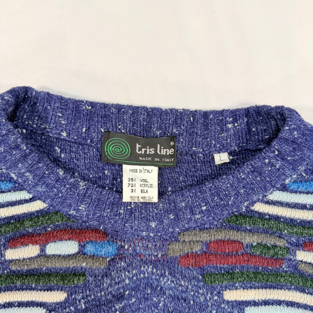 Tris Line Sweater Men L Blue Wool Blend Geometric Made in Italy Vintage Pullover - Picture 2 of 6